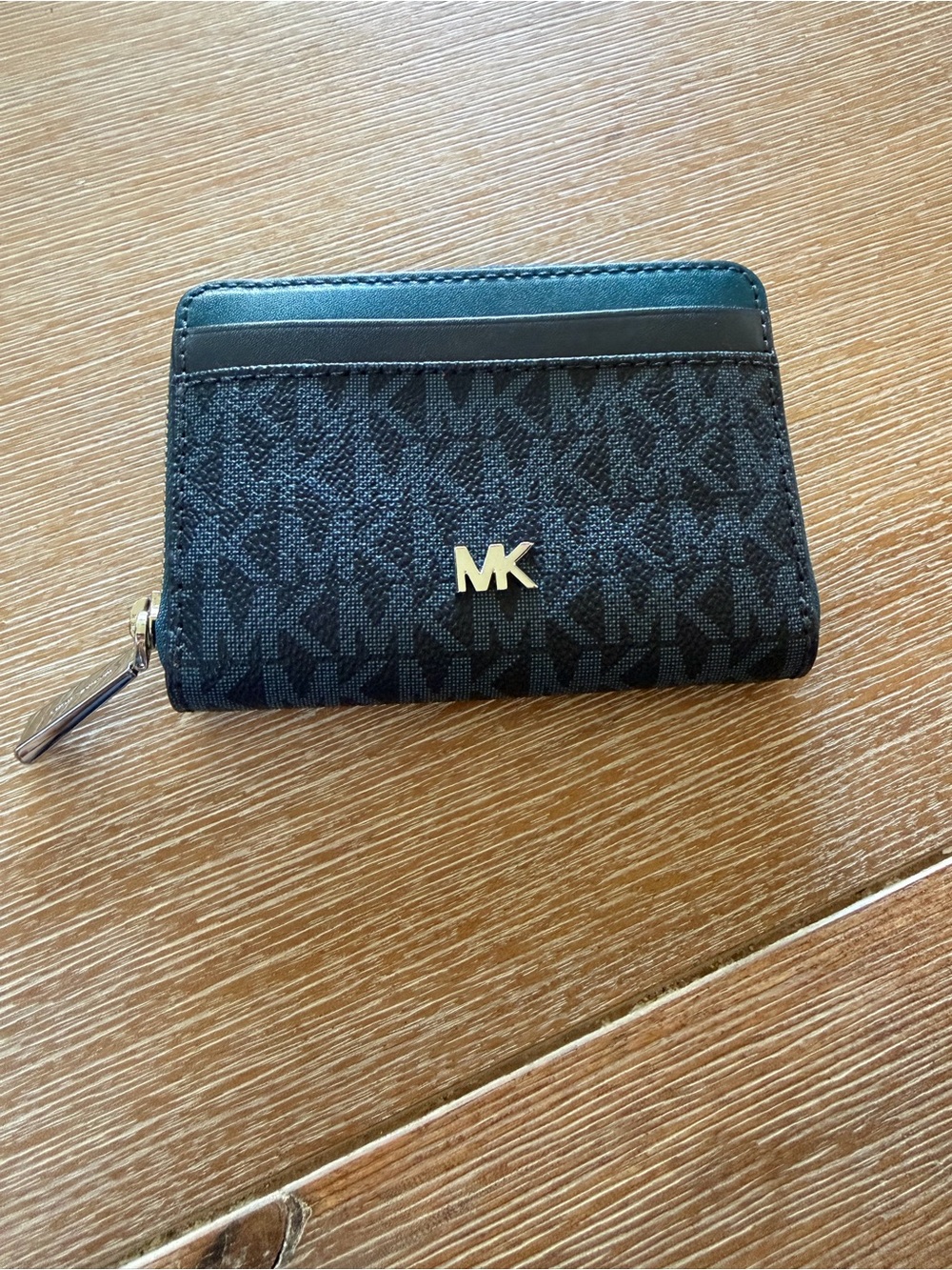 Michael Kors Black Monogram MK Zip Card Holder with Gold Logo